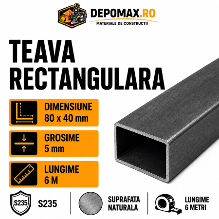 Teava rectangulara 80 x 40 x 5 mm, 12 metri